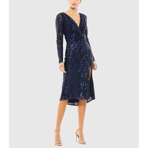 Ieena For Mac Duggal Size 16 Navy Sequin Long Sleeve Cocktail Faux Wrap Dress